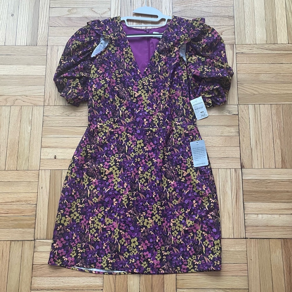 Purple Floral Adelyn Rae Pauline Mini Dress with Puff Sleeves Size Large